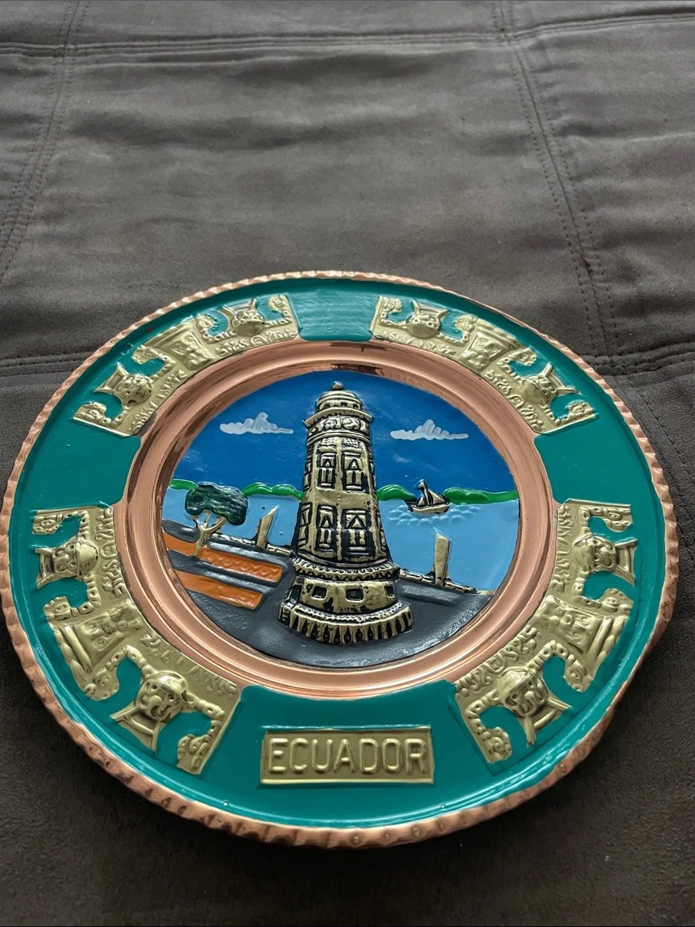 Ecuador Decorative Souvenir Plate with Teal and Gold Accents